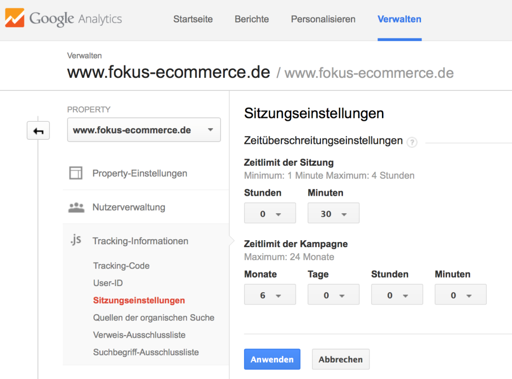 google universal analytics sitzungseinstellung